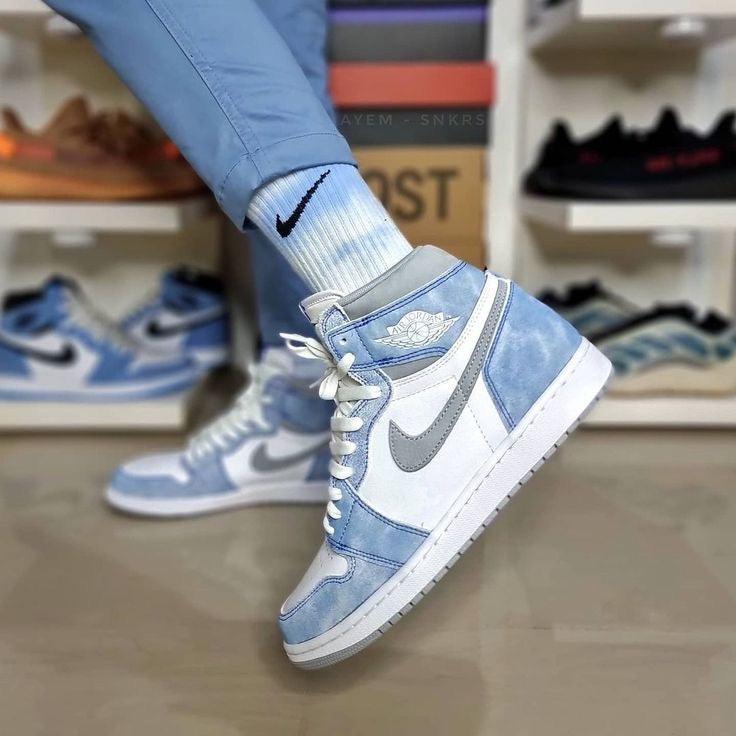 Designer Blue White Jordan 1 High Q ( Customs And Box ), Jordan 1 Sneakers Active