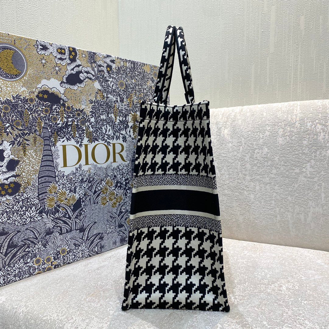 DI Large Book Tote Black Houndstooth Embroidery, Black/White, For Women Women’s Handbags, Shoulder Bags, 42cm CD