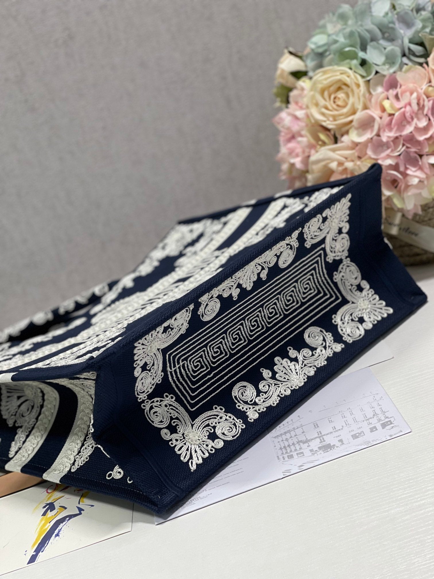 DI Medium Book Tote Blue and White Cornely Embroidery, Blue, For Women Women’s Handbags, Shoulder Bags, 42cm CD M1286ZTZB_M928