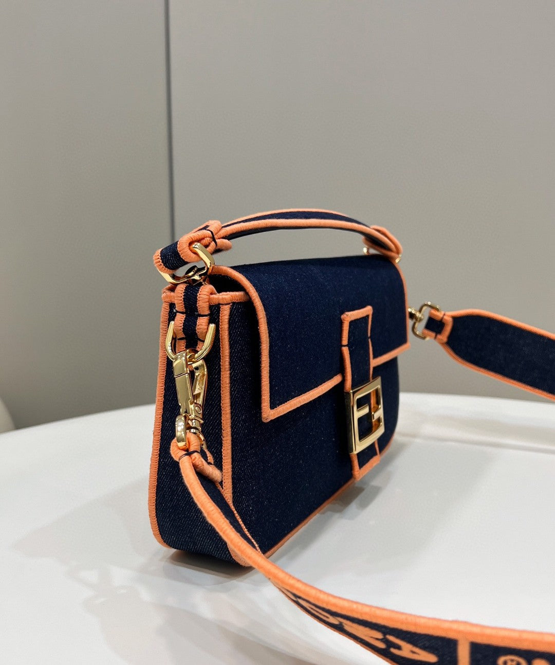 FI Baguette Blue Denim Orange Border Bag For Woman 26cm/10in