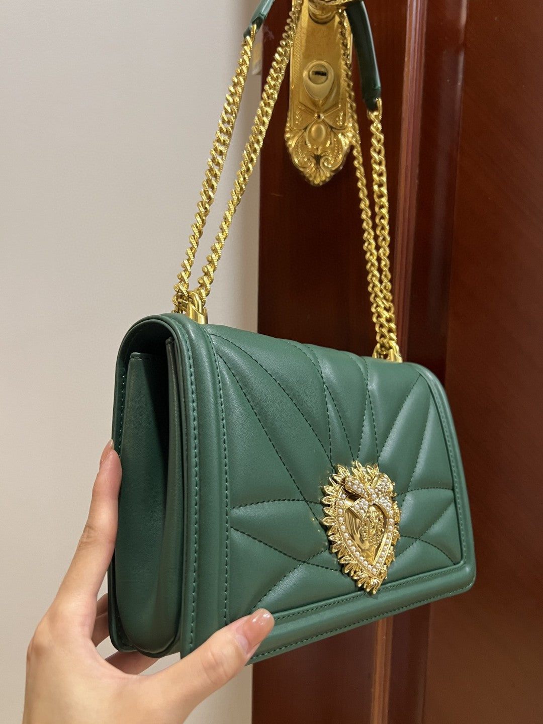 DG Large Devotion Bag In Quilted Nappa Green For Women 10in/26cm DG 