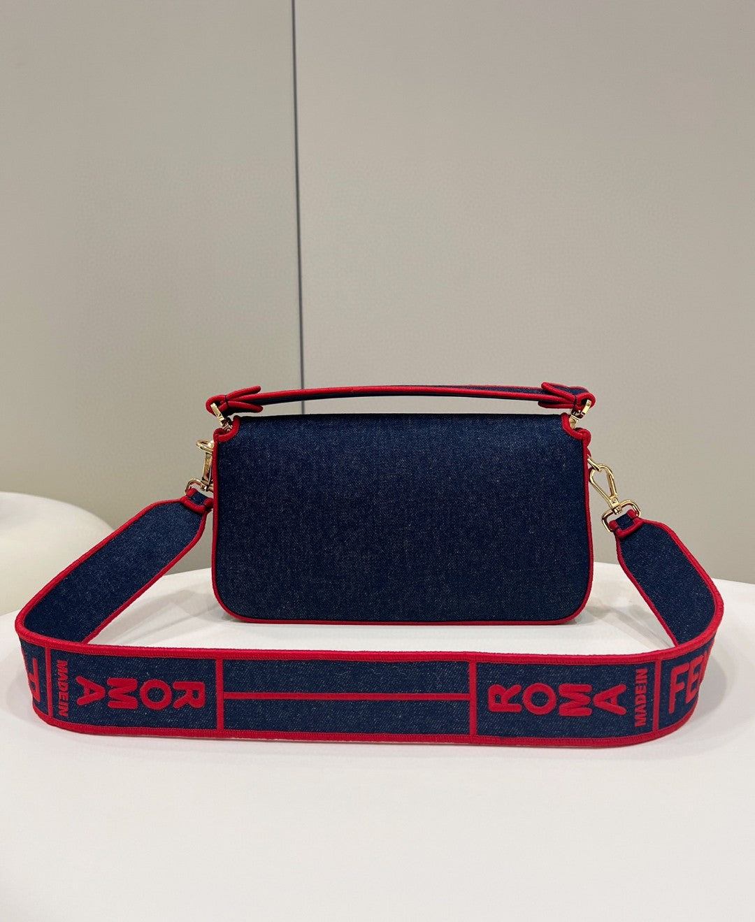 FI Baguette Blue Denim Red Border Bag For Woman 26cm/10in