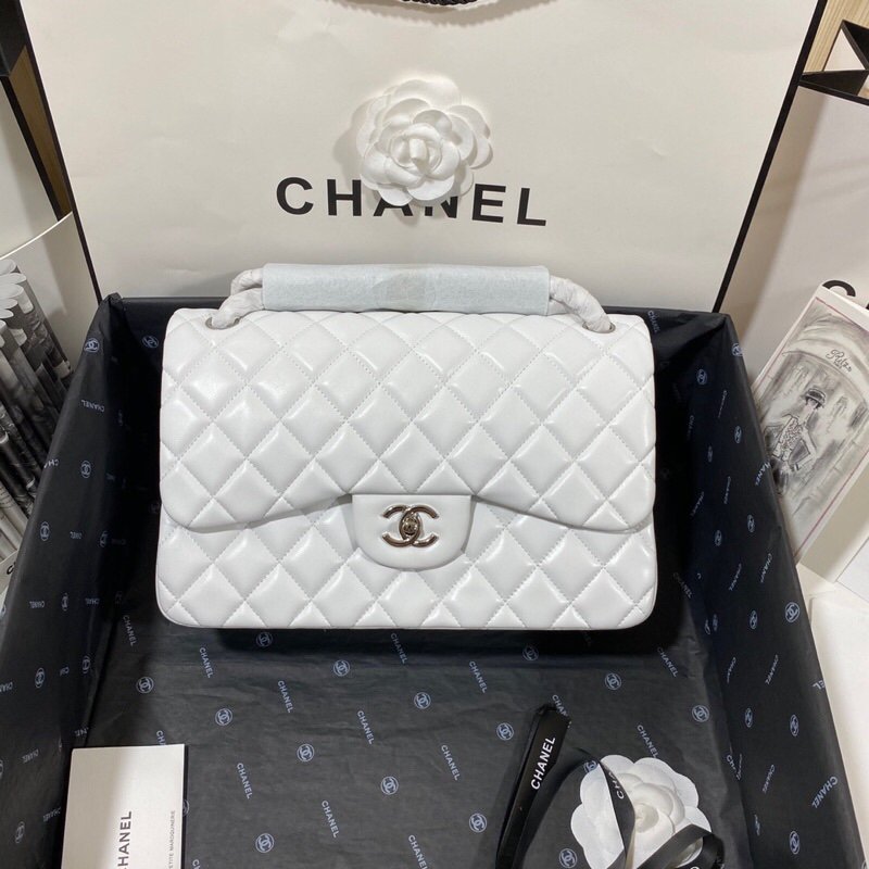 ChanelLarge Classic Handbag Silver Hardware White For Women, Women&#8217;s Handbags, Shoulder Bags 11.8in/30cm