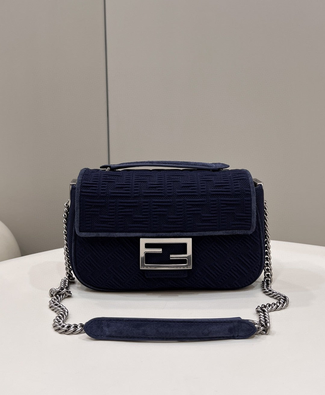 FI Baguette Chain Midi Navy Blue FF Fabric Bag For Woman 14.5cm/6in