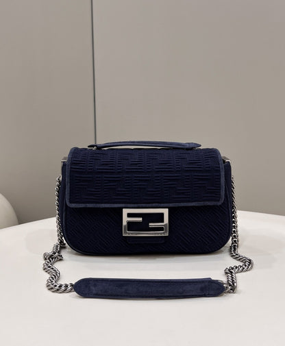 FI Baguette Chain Midi Navy Blue FF Fabric Bag For Woman 14.5cm/6in