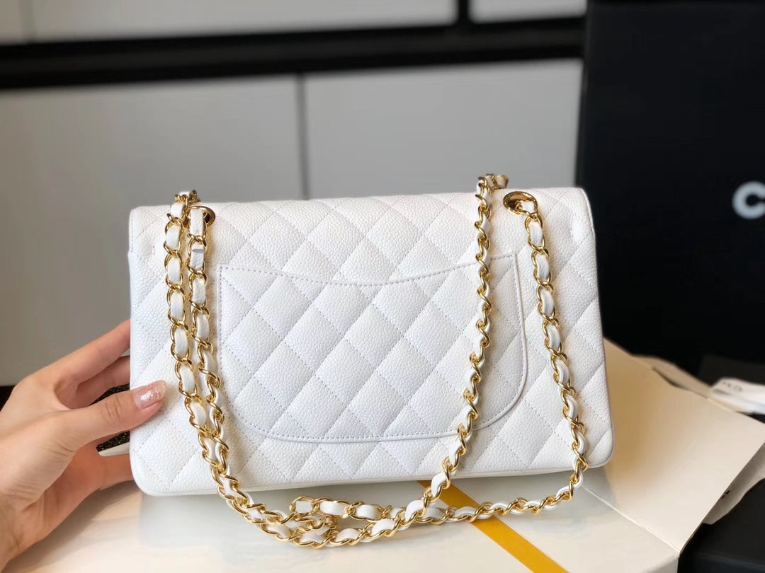 Chanel Classic Medium Flapbag Golden Hardware White 10in/25.5cm