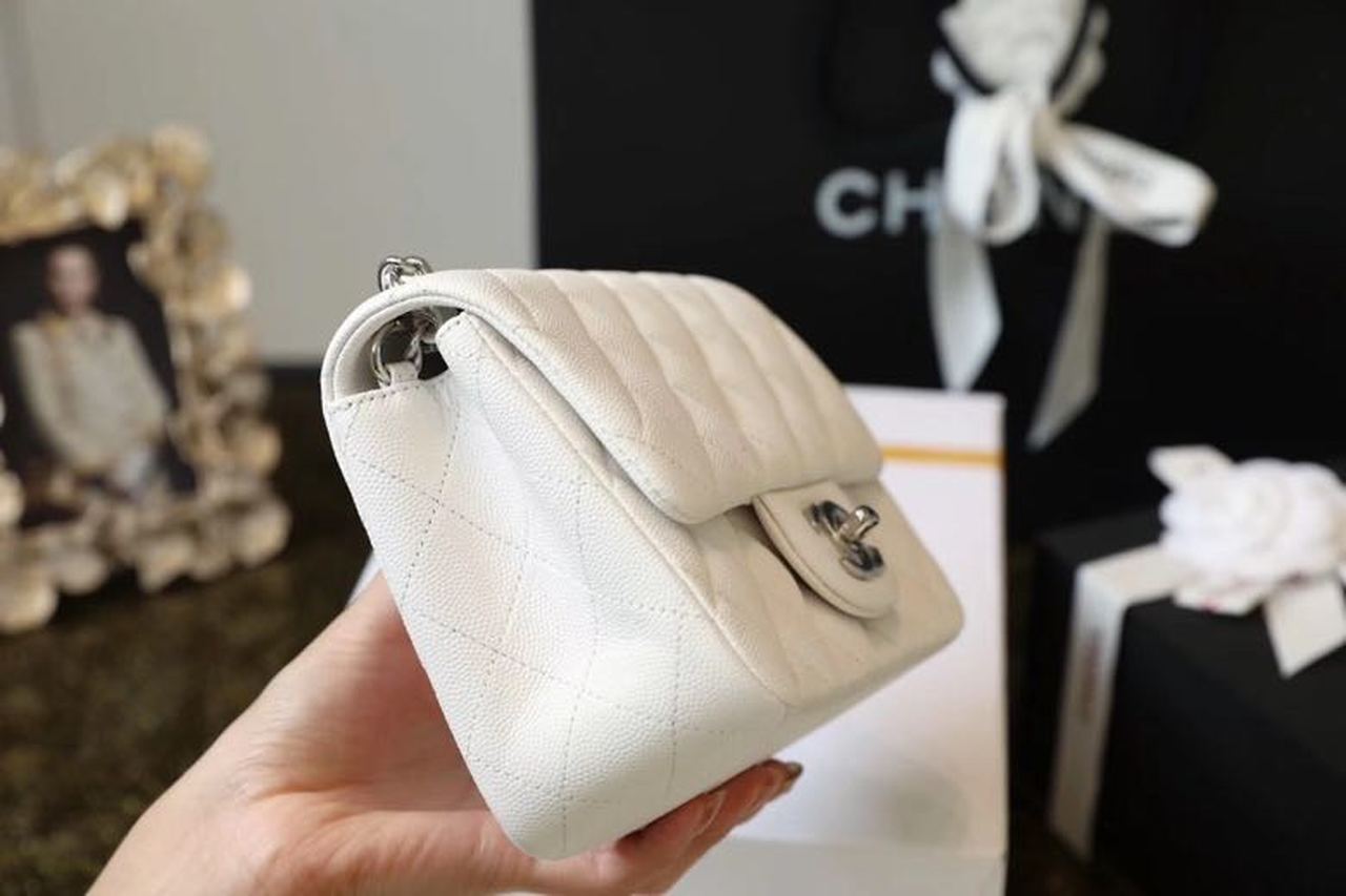 Chanel Classic Mini Flap Bag Silver Hardware White For Women 6.6in/17cm A35200