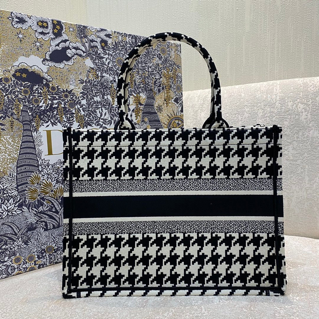 DI Medium Book Tote Black Macro Houndstooth Embroidery, Blue, For Women Women’s Handbags, Shoulder Bags, 36cm CD M1296ZTQT_M911