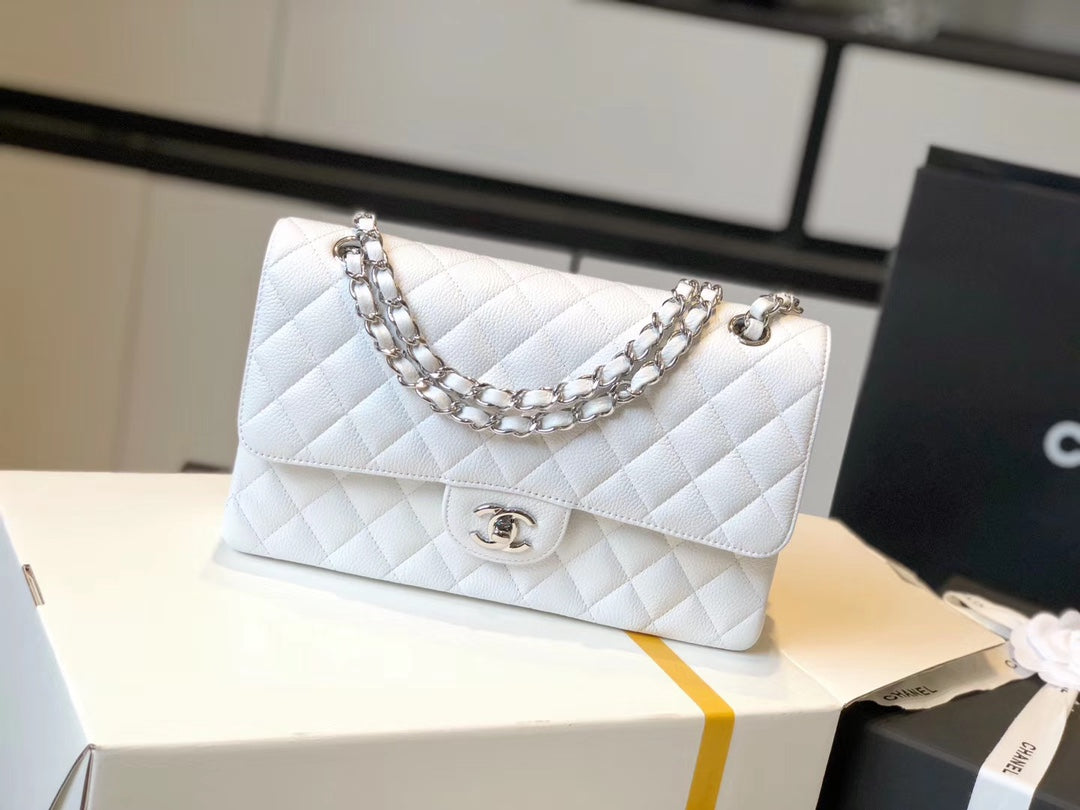 Chanel Classic Medium Flapbag Silver Hardware White 10in/25.5cm