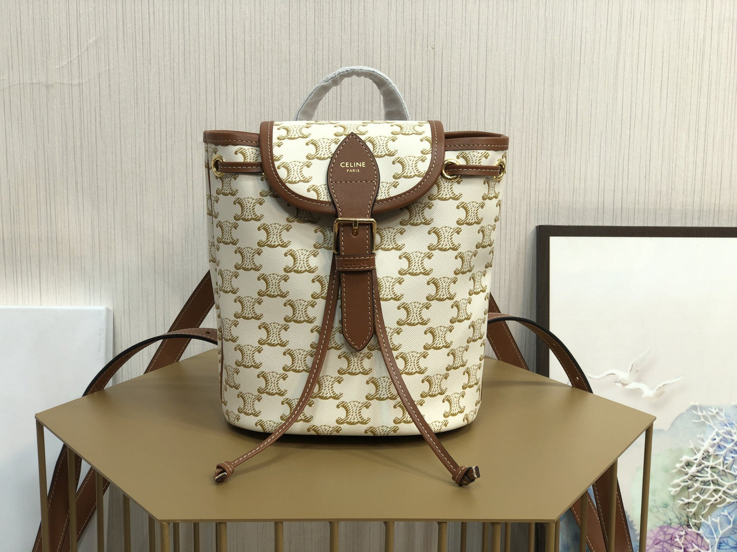 CE Mini Backpack Folco In Triomphe Canvas White For Women 7in/20cm 197662CAS.01BC