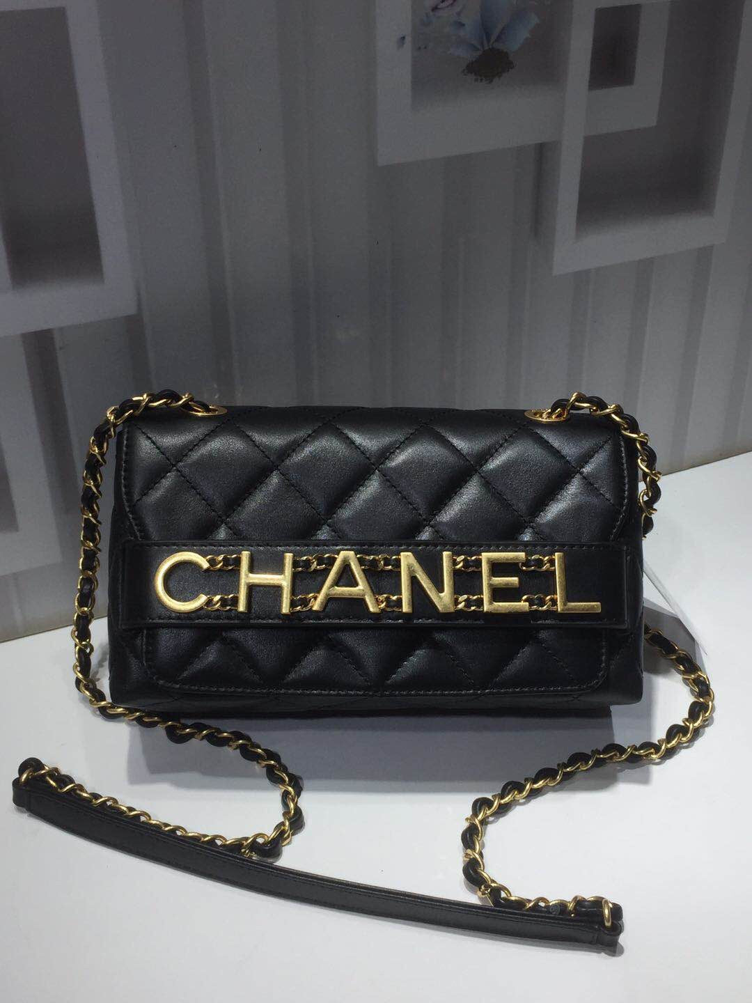 ChanelFront Logo Small Flap Bag Gold Hardware Black For Women, Women&#8217;s Handbags, Shoulder Bags 8.2in/21cmAS1490