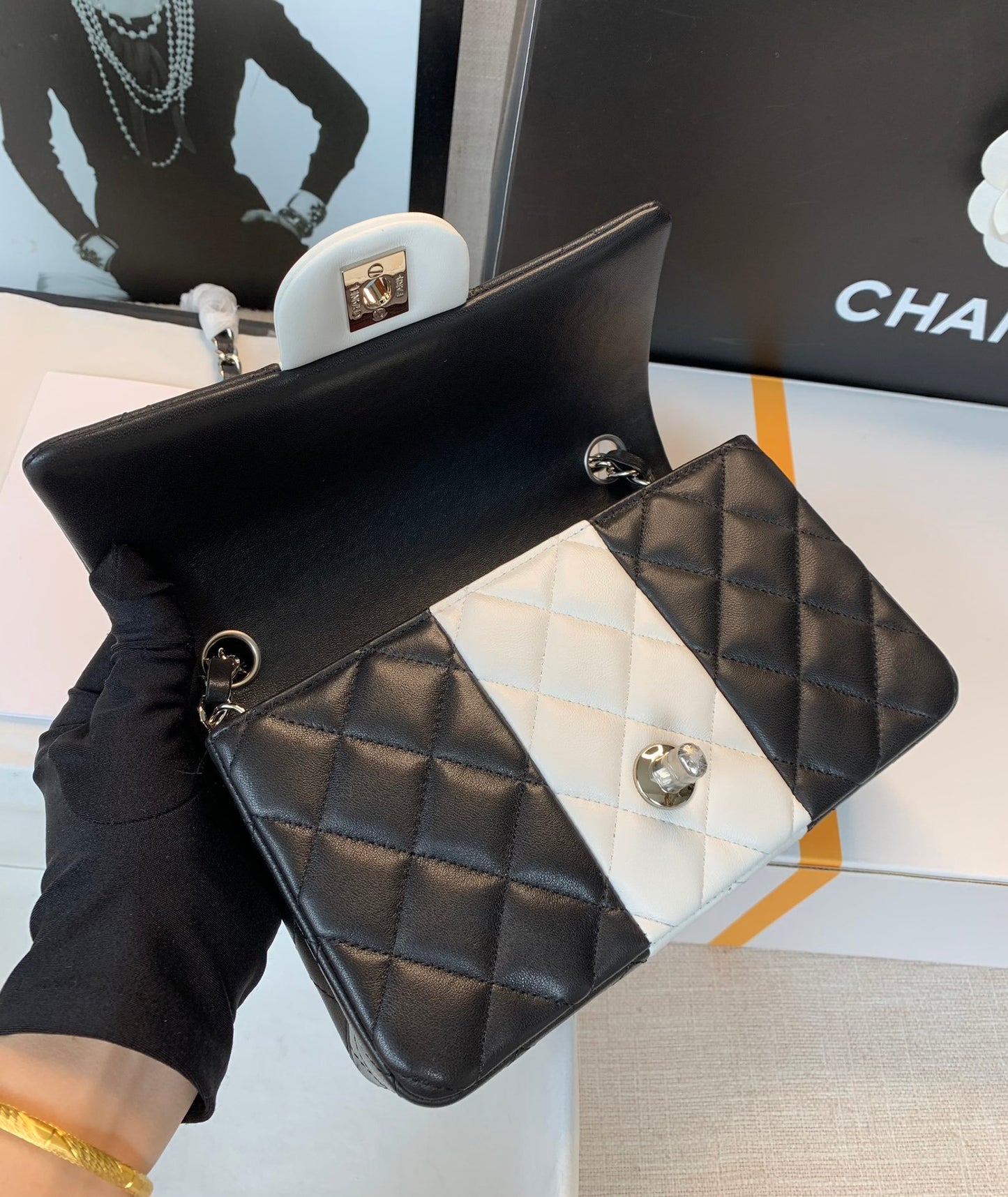 ChanelMini Flap Bag Black and White For Women 9.8in/25cm