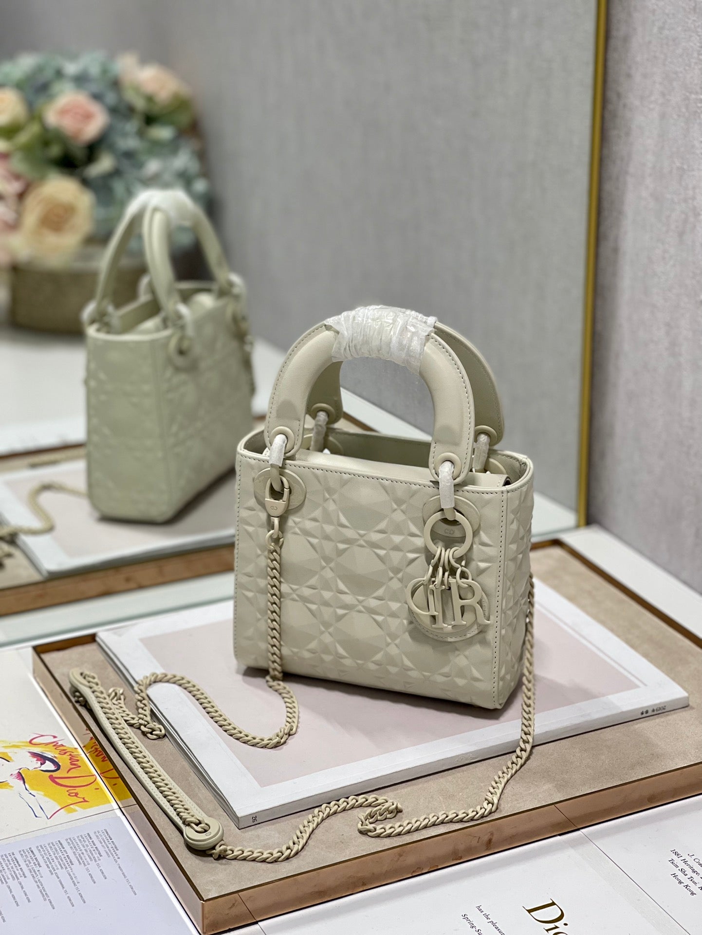 DI Mini Lady Bag Latte Cannage with Beaded Motif, Beige, For Women Women’s Handbags, Crossbody Bags, 18cm CD M0505INEA_M030