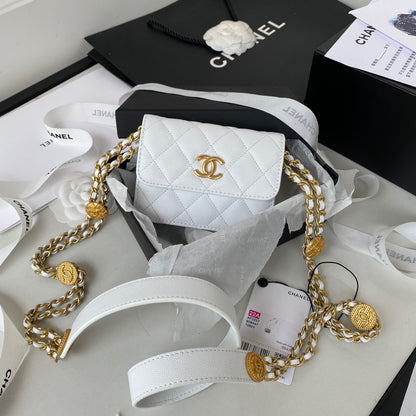 Chanel Clutch With Chain Gold Hardware Grained Shinny White For Women, Women&#8217;s Handbags, Shoulder Bags 4.7in/12cm AP2857