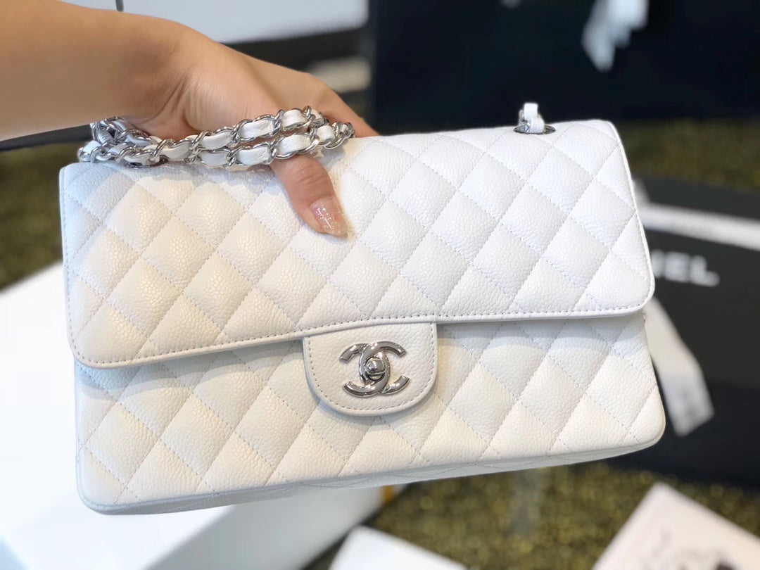 Chanel Classic Medium Flapbag Silver Hardware White 10in/25.5cm