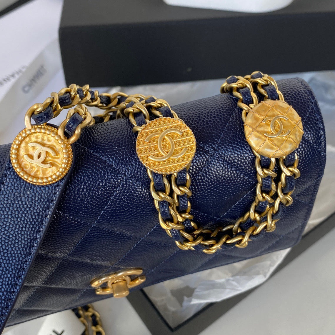 ChanelSmall Flap Bag Gold Hardware Navy Blue For Women, Women&#8217;s Handbags, Shoulder Bags 7.5in/19cm AP2840