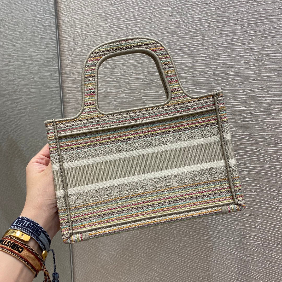 DI Small Book Tote Bag Canvas Stripes Embroidery For Women 23cm/9in CD