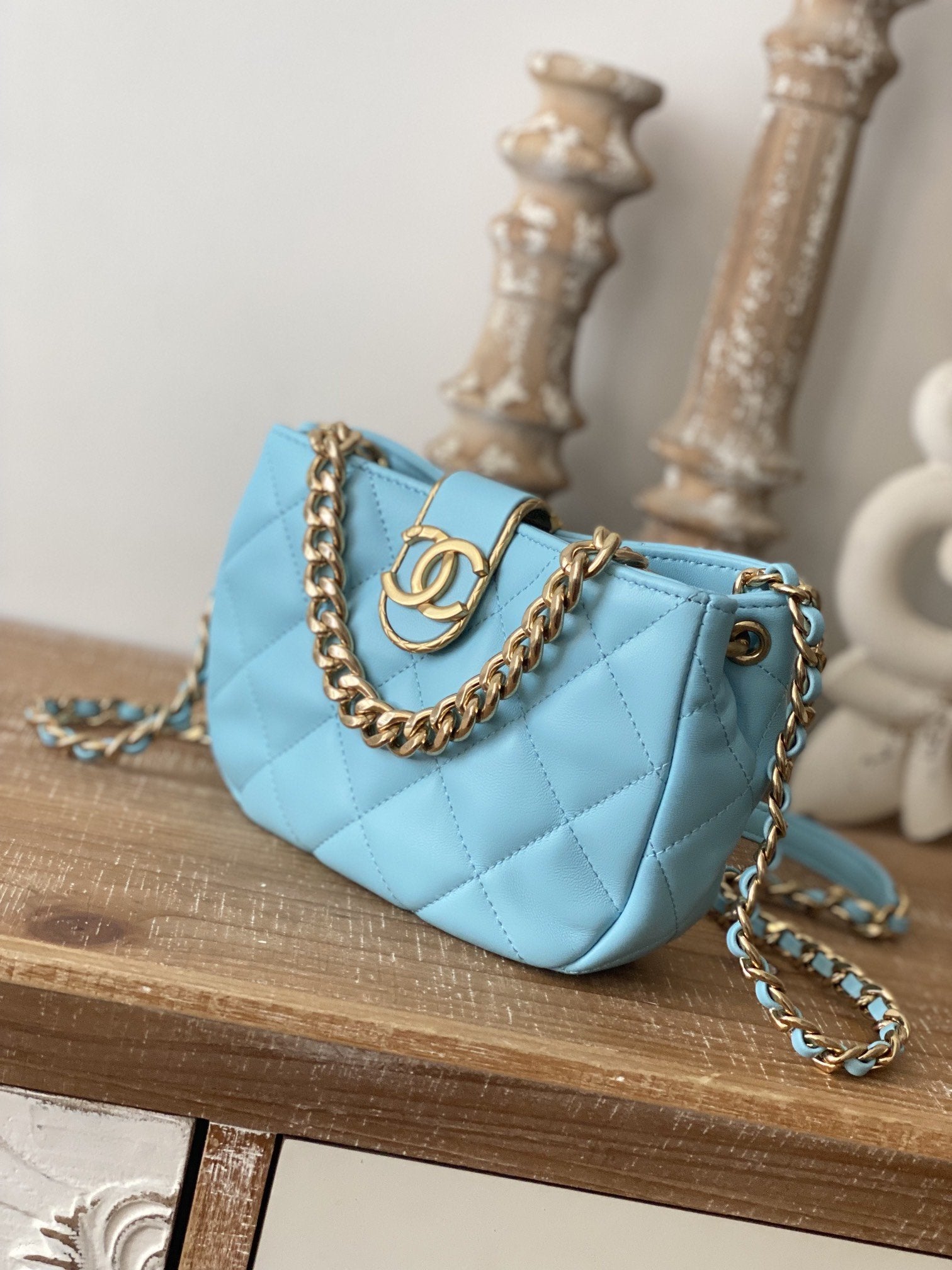 ChanelSmall Hobo Bag Gold Hardware Blue For Women, Women&#8217;s Handbags, Shoulder Bags 7.5in/19cm