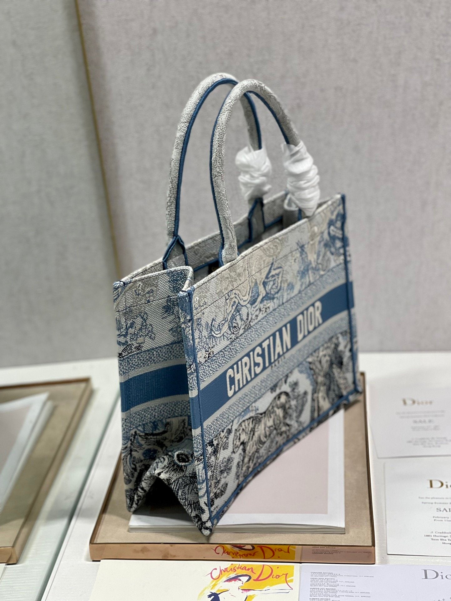 DI Medium Book Tote Blue Toile de Jouy Reverse Embroidery, Blue, For Women Women’s Handbags, Shoulder Bags, 36cm CD M1296ZRGO_M928