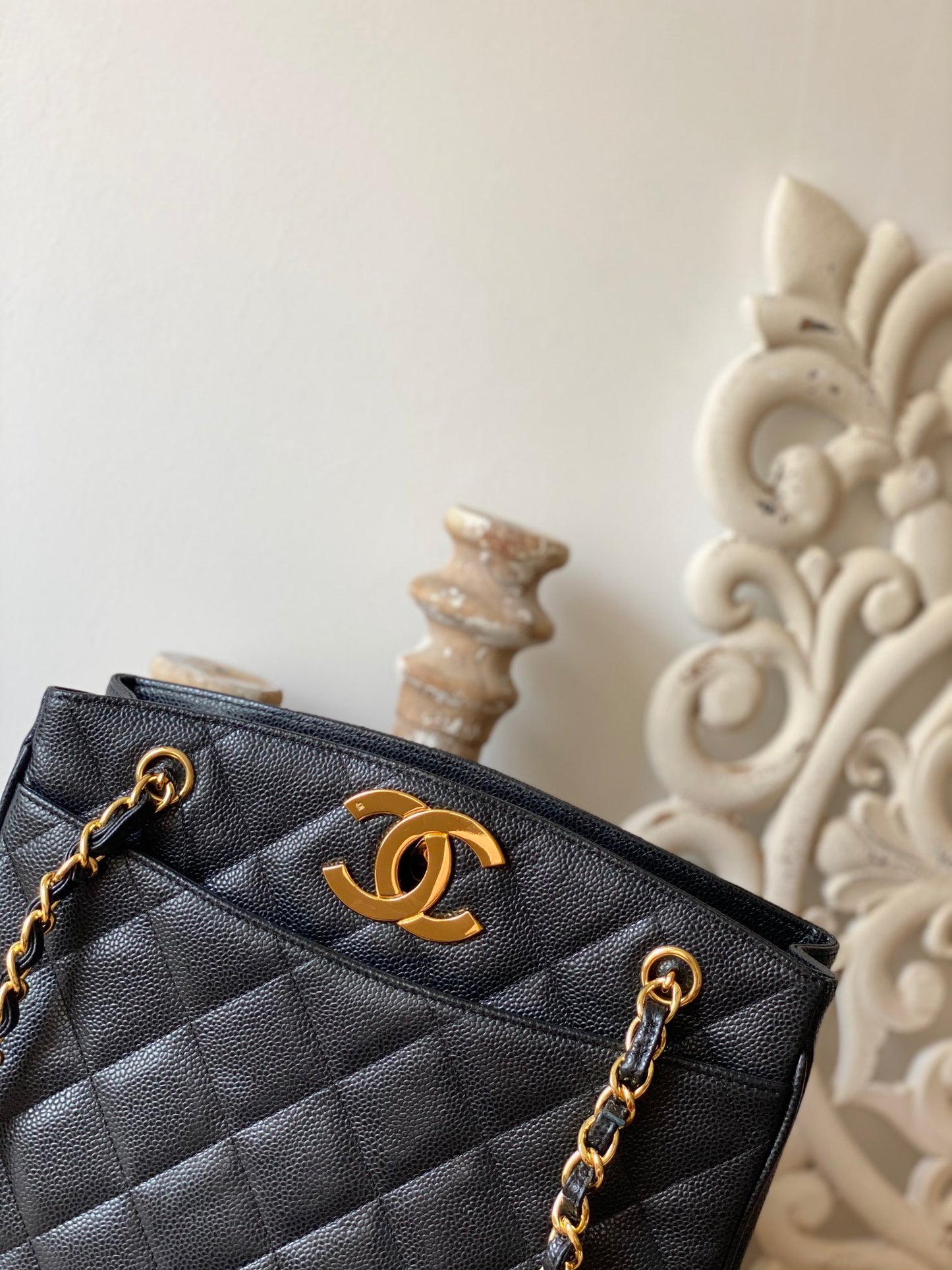 ChanelVintage Black Large Quilted Caviar Tote Bag For Women 28cm/11in