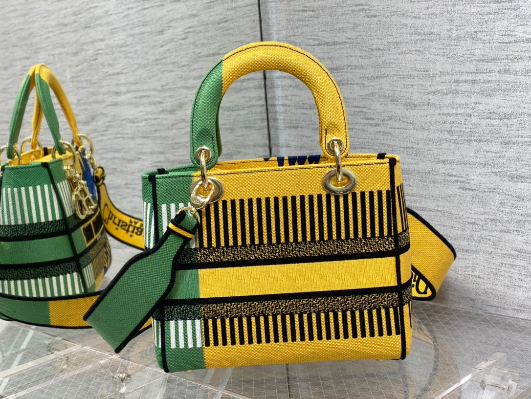 DI Medium Lady D-Lite Bag D-Flower Pop Embroidery, Bright Yellow/Green Handbags, 24cm CD M0565OROO_M886