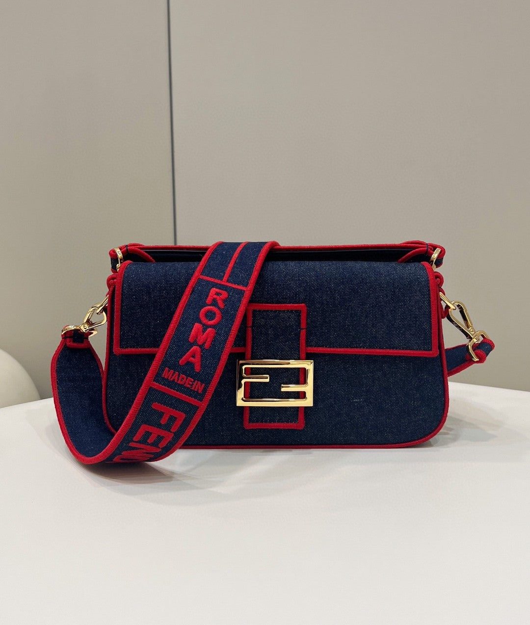 FI Baguette Blue Denim Red Border Bag For Woman 26cm/10in