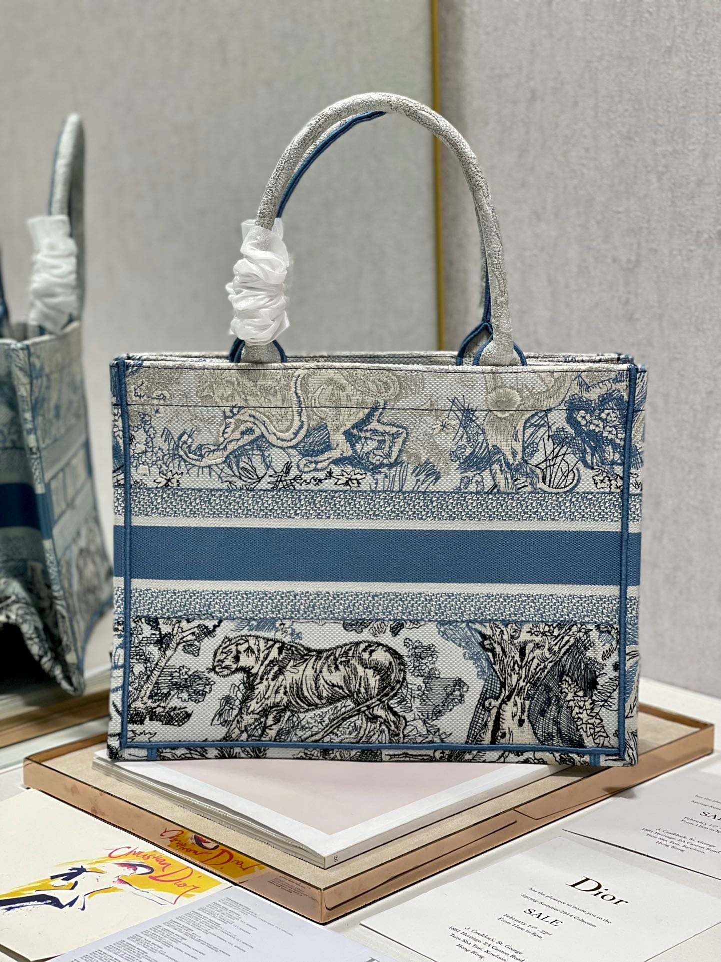 DI Medium Book Tote Blue Toile de Jouy Reverse Embroidery, Blue, For Women Women’s Handbags, Shoulder Bags, 36cm CD M1296ZRGO_M928