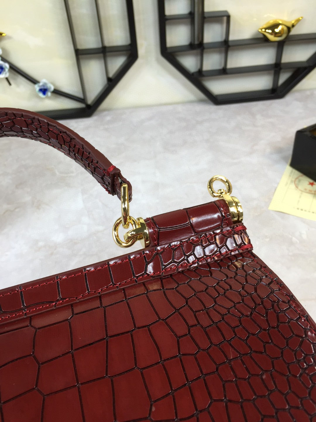 DG Medium Sicily Bag In Foiled Crocodile-Print Burgundy For Women 10.2in/26cm DG