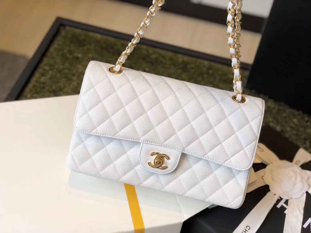 Chanel Classic Medium Flapbag Golden Hardware White 10in/25.5cm