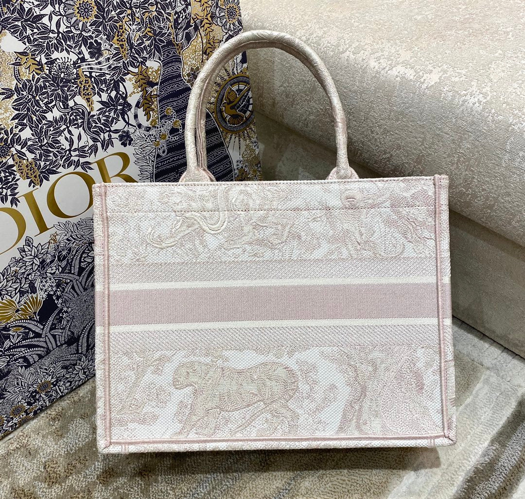 DI Medium Book Tote Pink Toile de Jouy Reverse Embroidery, Light Pink, For Women Women’s Handbags, 36cm CD