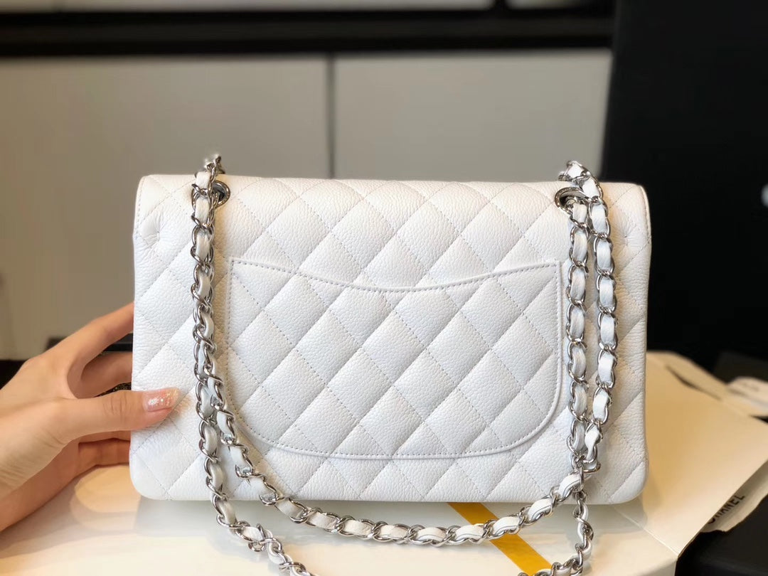 Chanel Classic Medium Flapbag Silver Hardware White 10in/25.5cm