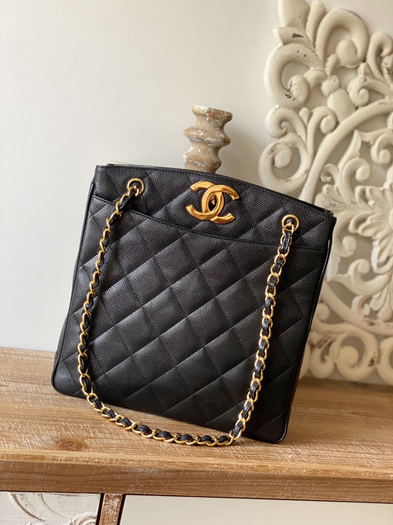 ChanelVintage Black Large Quilted Caviar Tote Bag For Women 28cm/11in