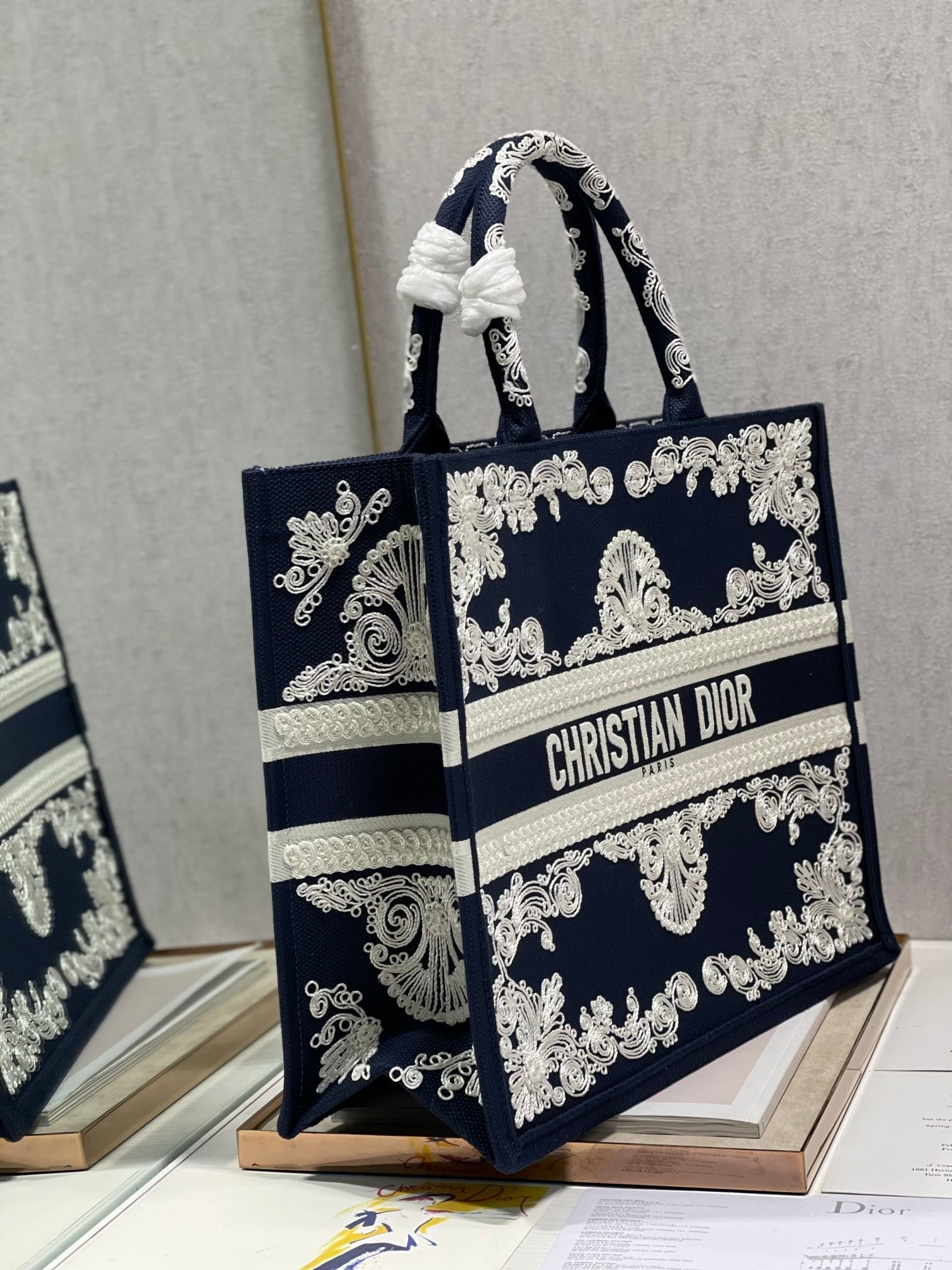 DI Medium Book Tote Blue and White Cornely Embroidery, Blue, For Women Women’s Handbags, Shoulder Bags, 42cm CD M1286ZTZB_M928