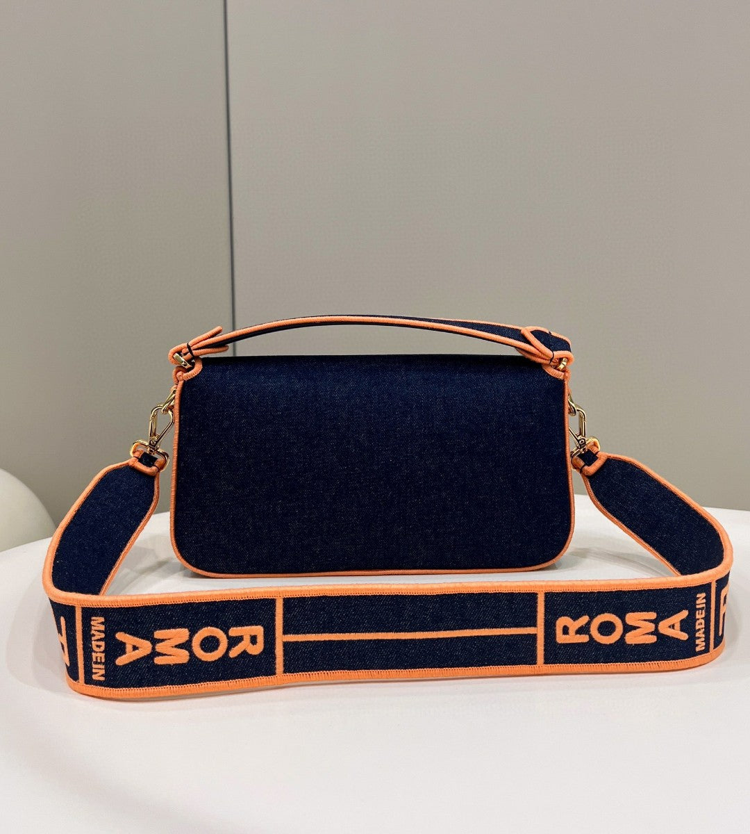 FI Baguette Blue Denim Orange Border Bag For Woman 26cm/10in