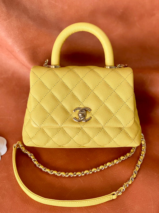 ChanelMini Flap Bag Top Handle Yellow For Women 7.5in/19cm