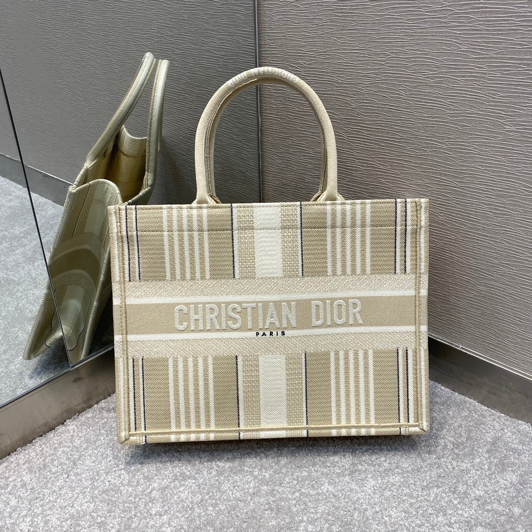 DI Medium Book Tote Beige Stripes Embroidery Bag For Women 14in/36cm CD