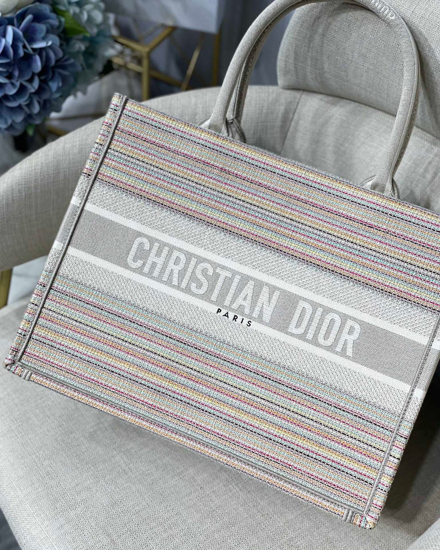 DI Large Book Tote Bag Canvas Stripes Embroidery For Women 42cm/16.5in CD