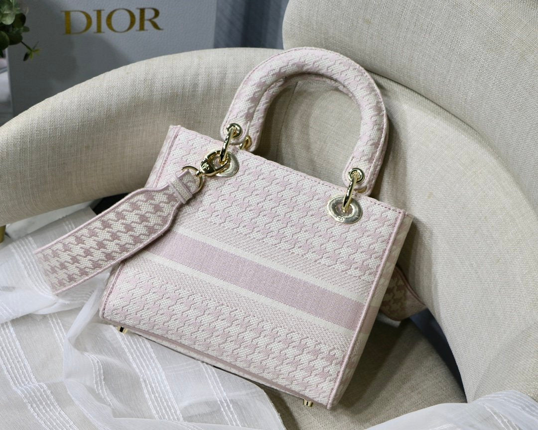 DI Medium Lady D-Lite Bag Houndstooth Embroidery, Pink/White, For Women Women’s Handbags, Shoulder Bags, Crossbody Bags, 24cm CD