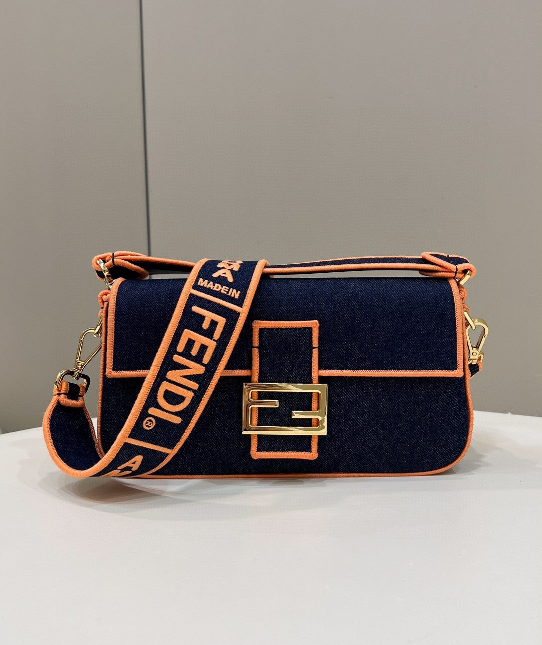 FI Baguette Blue Denim Orange Border Bag For Woman 26cm/10in