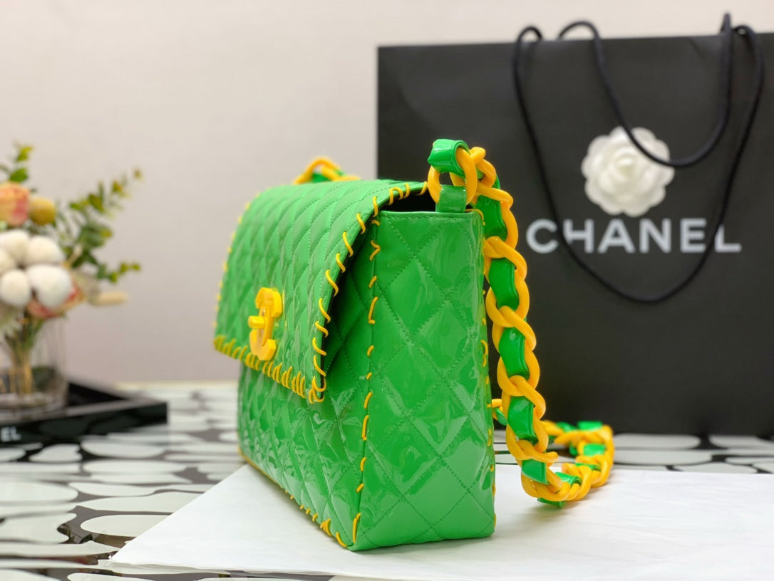 ChanelVinyl Classic Green and Yellow Shoulder bag For Women 29cm/11.5in