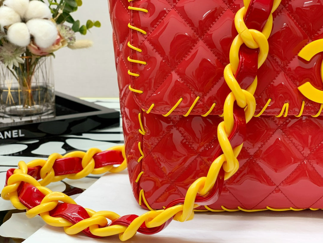 ChanelVinyl Classic Red and Yellow Shoulder bag For Women 29cm/11.5in