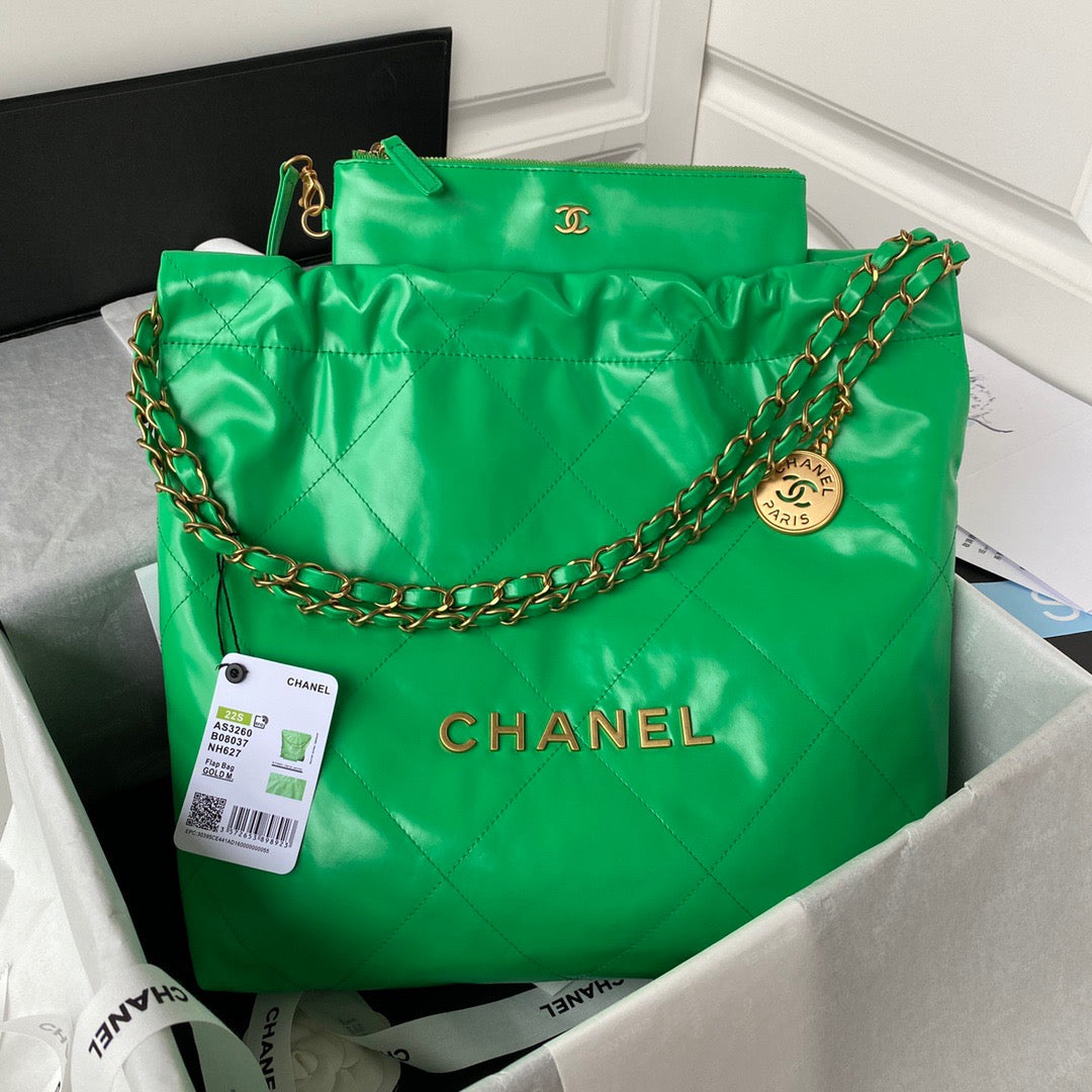 CHL 22 Handbag Gold Hardware Shiny Green For Women, Women&#8217;s Handbags, Shoulder Bags 16.5in/38cm AS3261