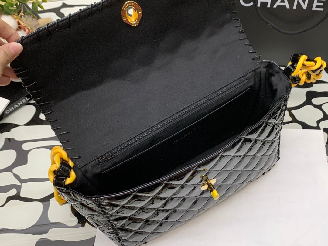 ChanelVinyl Classic Black and Yellow Shoulder bag For Women 29cm/11.5in