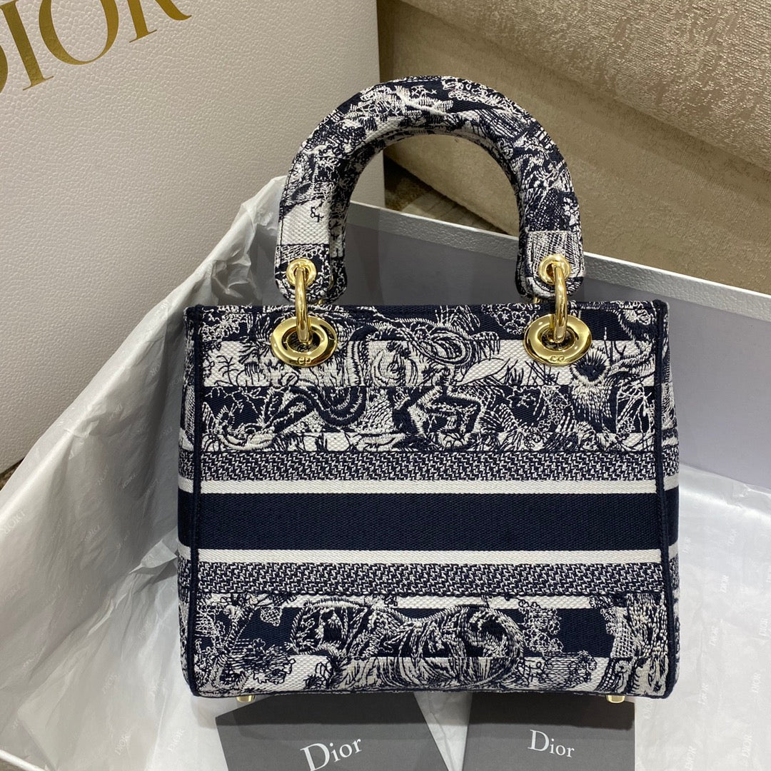 DI Medium Lady D-Lite Bag Toile de Jouy Stripes Embroidery, Navy Blue Handbags, 24cm CD M0565ORLP_M928