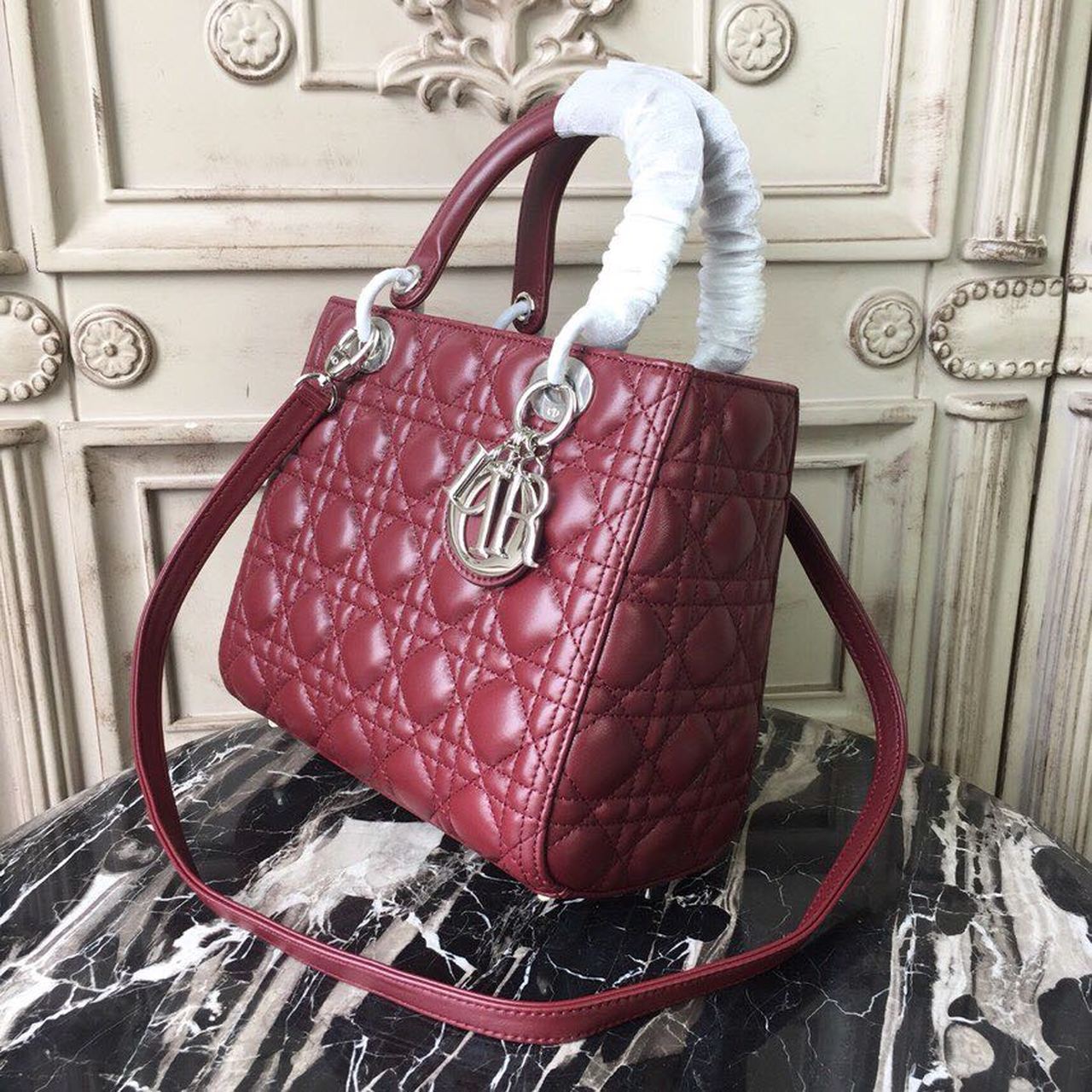 DI Medium Lady Bag Silver Hardware Burgundy For Women 9.5in/24cm CD