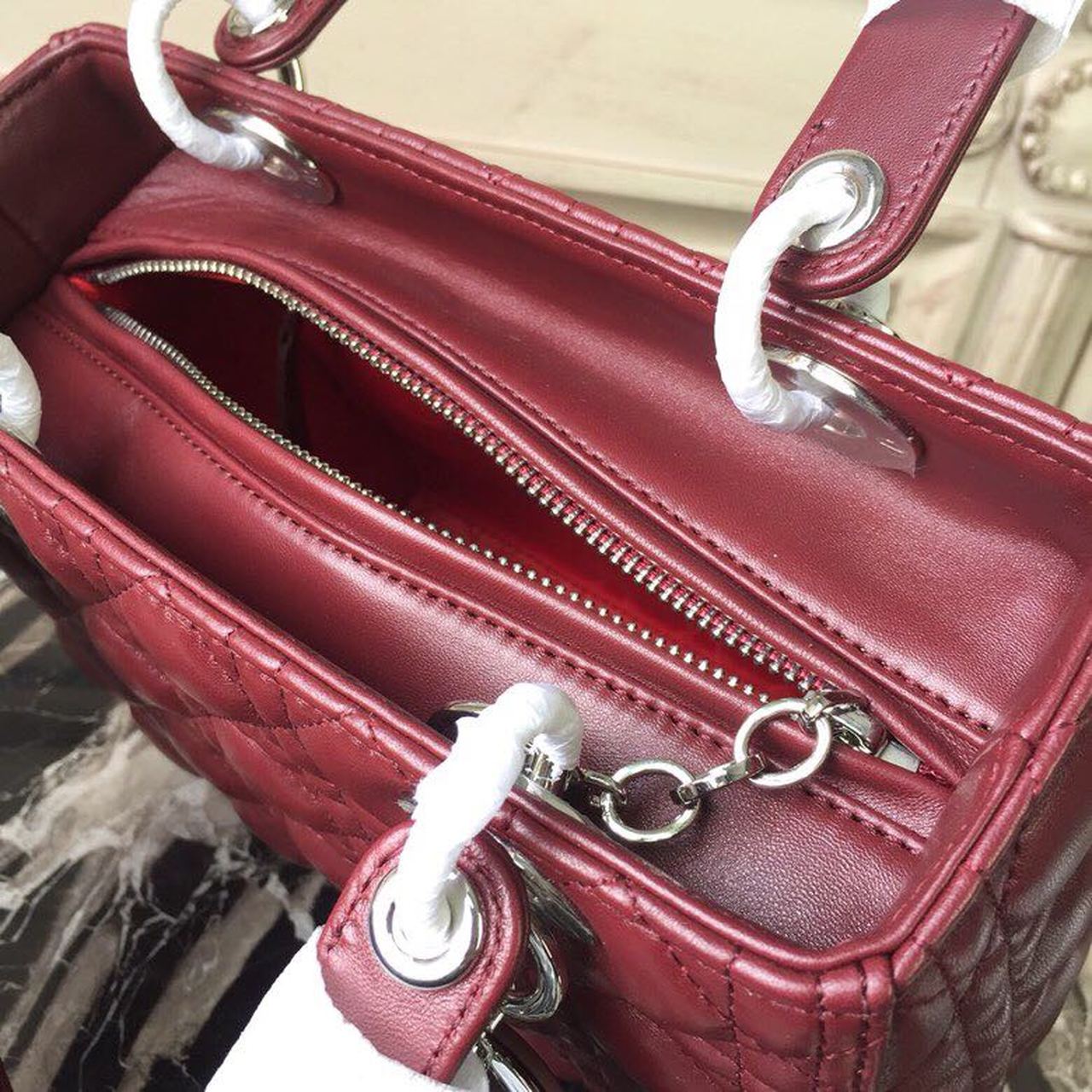 DI Medium Lady Bag Silver Hardware Burgundy For Women 9.5in/24cm CD