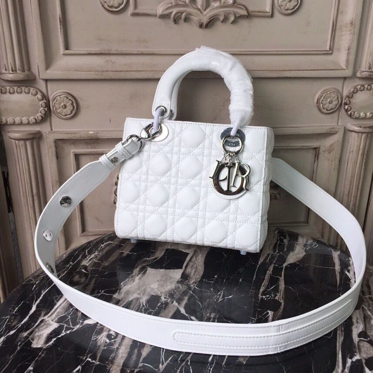 DI Small Lady Bag White Silver Hardware For Women 20cm/8in CD M0538BCAL_M030