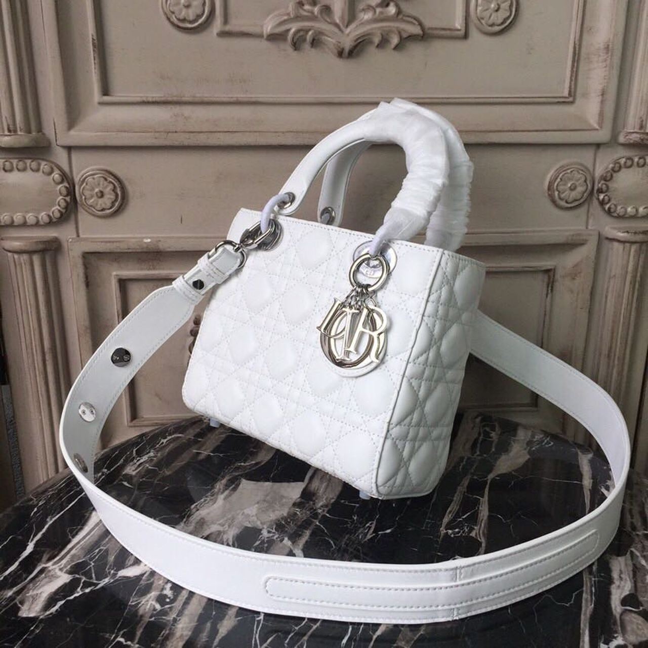 DI Small Lady Bag White Silver Hardware For Women 20cm/8in CD M0538BCAL_M030