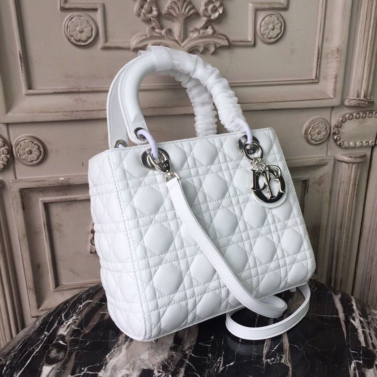 DI Medium Lady Bag White Silver Hardware For Women 24cm/9in CD M0565BNGE_M030