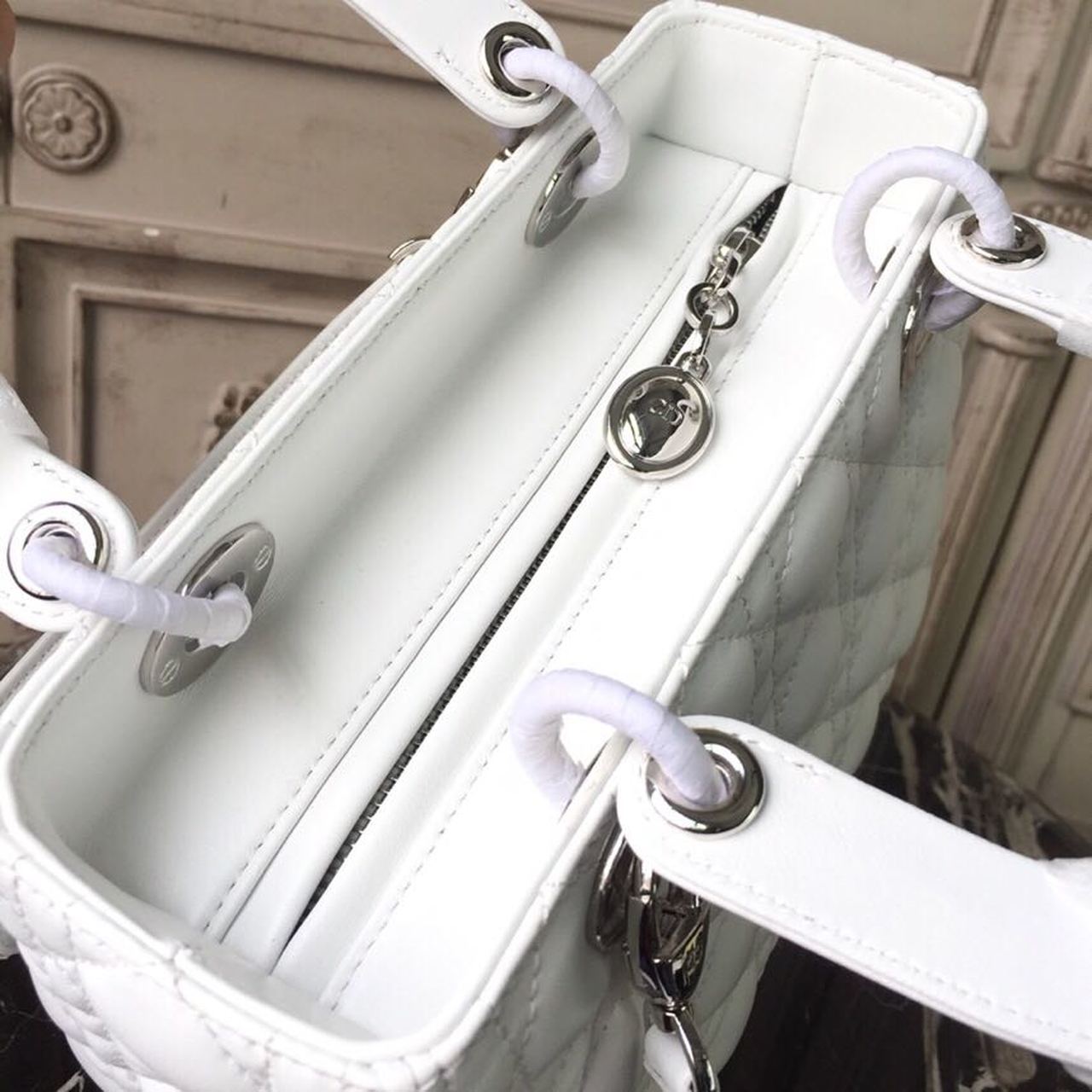 DI Medium Lady Bag White Silver Hardware For Women 24cm/9in CD M0565BNGE_M030